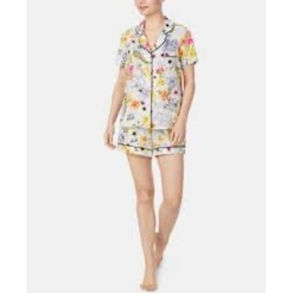 Betsey Johnson Pajama Set Small Floral Star Heart Print Rayon‎ 2pc PJ Size S
